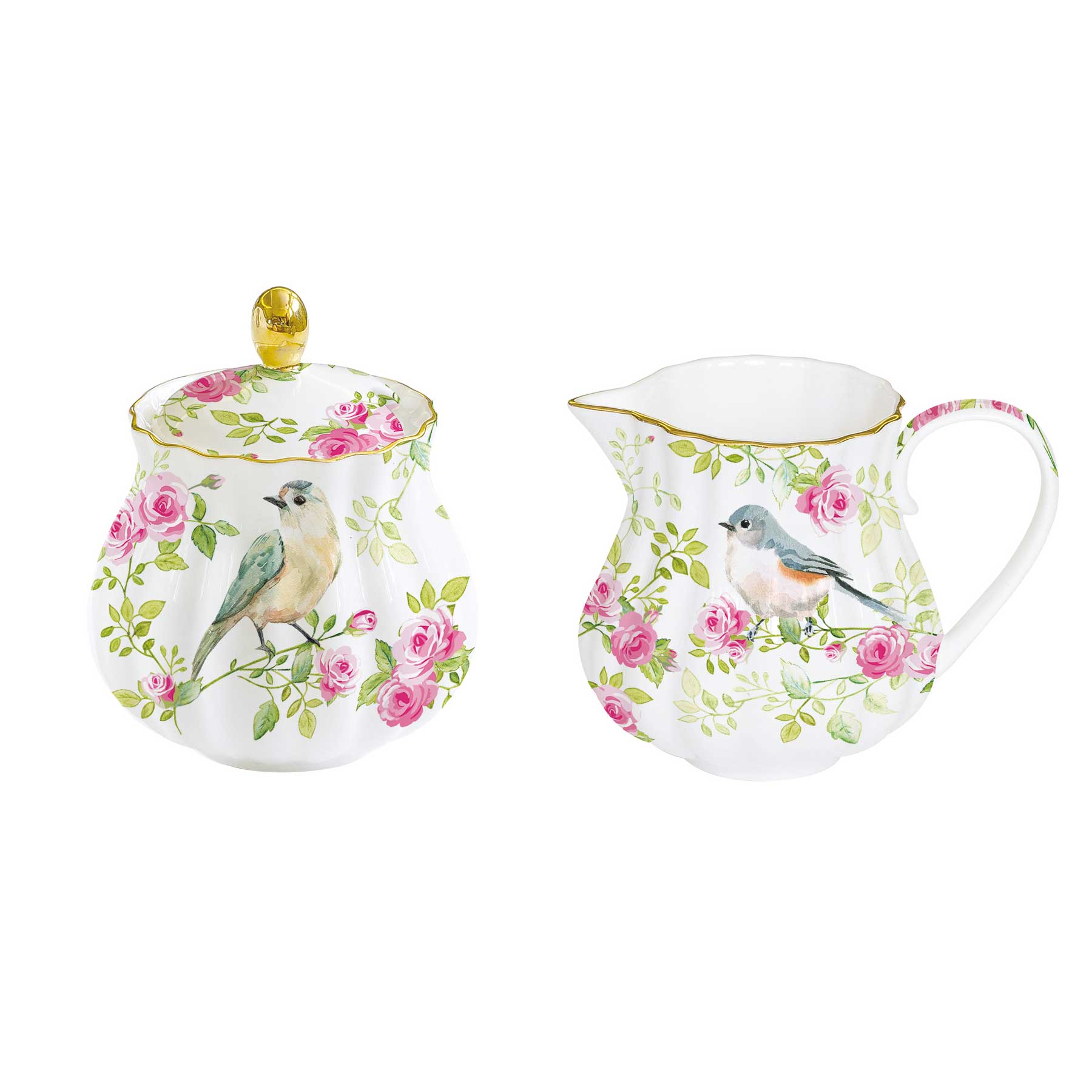Cukortartó Vintage rózsás porcelán tej- citromkiöntő cukortartó szett
